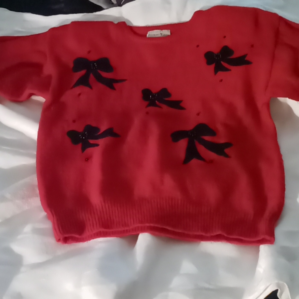 Ladies Sweater, Red with black Velvet Bows